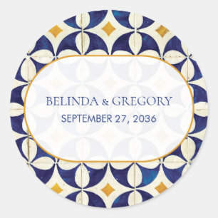Vintage Blue & Yellow Portuguese Pattern Wedding Classic Round Sticker
