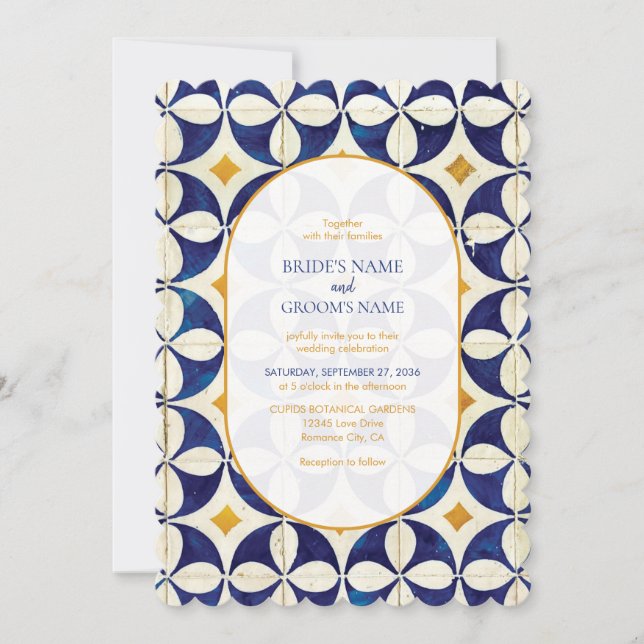 Vintage Blue & Yellow Portuguese Pattern Wedding Invitation (Front)