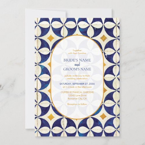 Vintage Blue  Yellow Portuguese Pattern Wedding Invitation