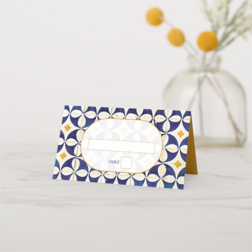 Vintage Blue  Yellow Portuguese Pattern Wedding  Place Card