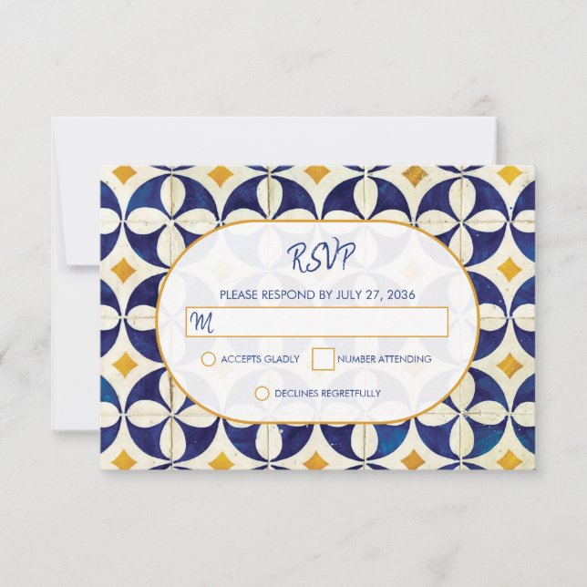 Vintage Blue & Yellow Portuguese Pattern Wedding RSVP Card (Front)