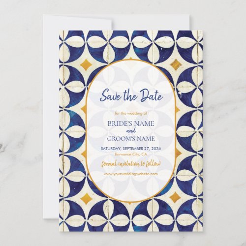 Vintage Blue  Yellow Portuguese Pattern Wedding Save The Date