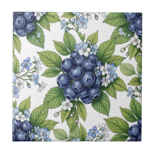 Vintage Blueberry Blossom Botanical Pattern Ceramic Tile