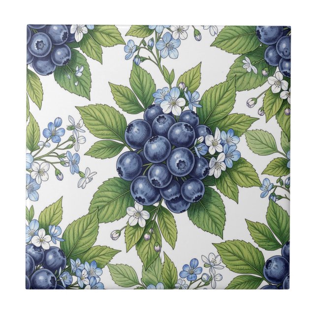 Vintage Blueberry Blossom Botanical Pattern Ceramic Tile (Front)