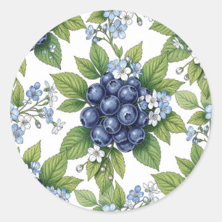 Vintage Blueberry Blossom Botanical Pattern Classic Round Sticker