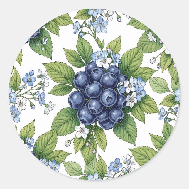 Vintage Blueberry Blossom Botanical Pattern Classic Round Sticker (Front)