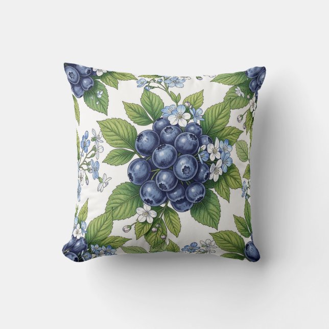 Vintage Blueberry Blossom Botanical Pattern Throw Pillow (Front)