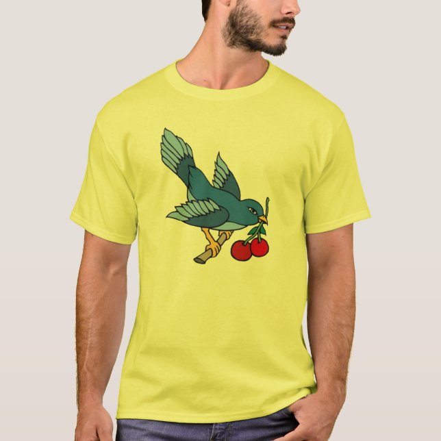 Vintage Bluebird and Cherries Tattoo Art T-Shirt (Front)