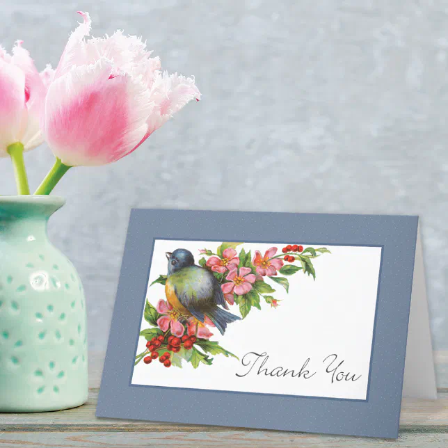 Vintage Bluebird Cherry Branches Thank You Card | Zazzle