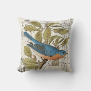 Vintage Bluebird Fern French Bird Throw Pillow