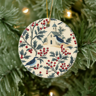 Vintage Bluebird Holly Christmas Cream Red Ceramic Ornament