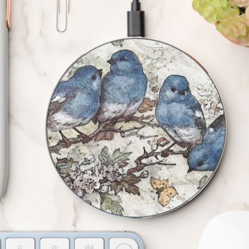 Vintage bluebird illustration cute bird nature wireless charger 