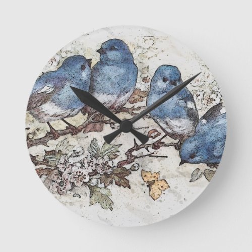 Vintage bluebird illustration cute birds nature round clock