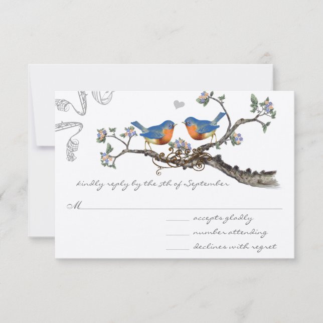 Vintage  Bluebirds Blooming Branch Wedding RSVP (Front)