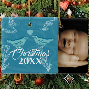 Vintage Bluebirds Christmas Couples Photo Ornament