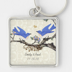 Vintage Bluebirds Coral Flowers Wedding Key Chain