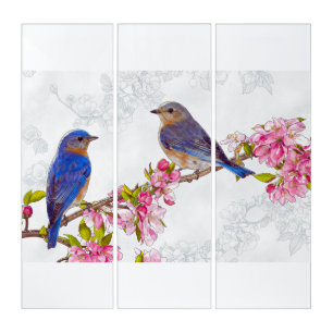 Vintage Bluebirds & Pink Blossoms Triptych Wall Ar