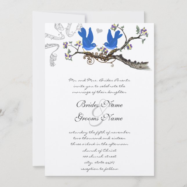 Vintage Bluebirds Yellow & Purple  Wedding Invite (Front)