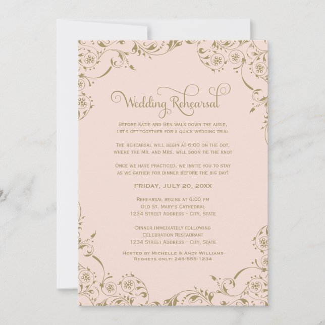 Vintage Blush and Antique Gold Wedding Rehearsal Invitation (Front)