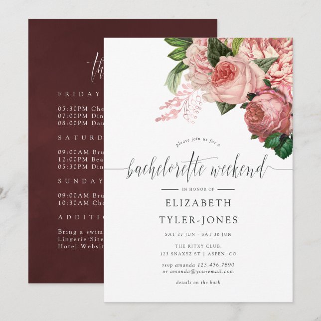 Vintage Blush and Burgundy Bachelorette Weekend Invitation (Front/Back)