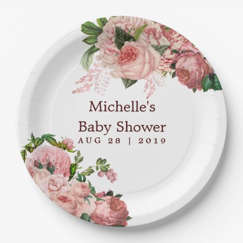 Vintage Blush and Burgundy Floral Baby Shower Paper Plates