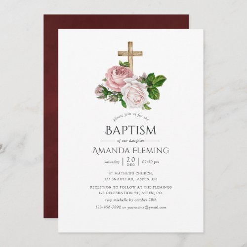 Vintage Blush and Burgundy Floral Baptism Invitation