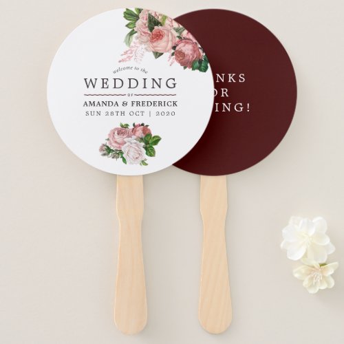 Vintage Blush and Burgundy Floral Wedding Favor Hand Fan