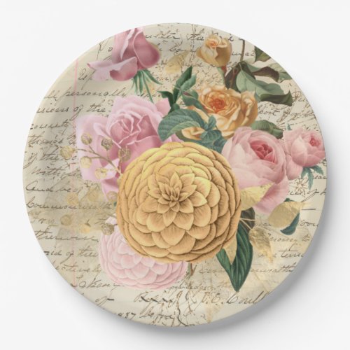 Vintage Blush and Gold floral French script shabby Paper Plates