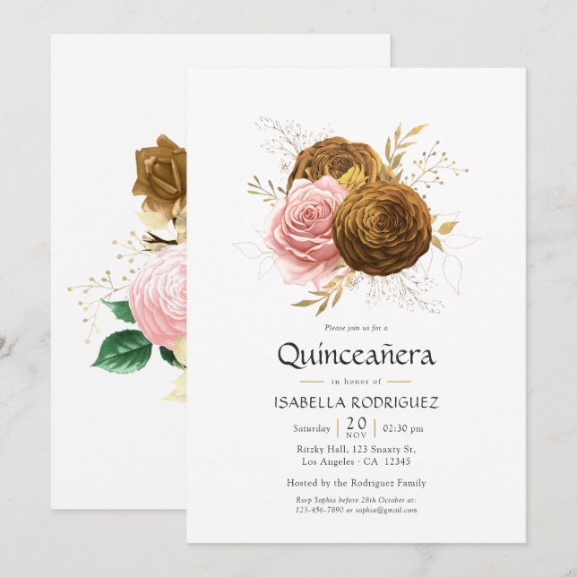 Vintage Blush and Gold Floral Quinceañera Invitation (Front/Back)