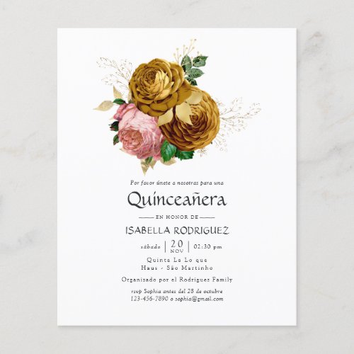 Vintage Blush and Gold Floral Quinceaera Invite Flyer