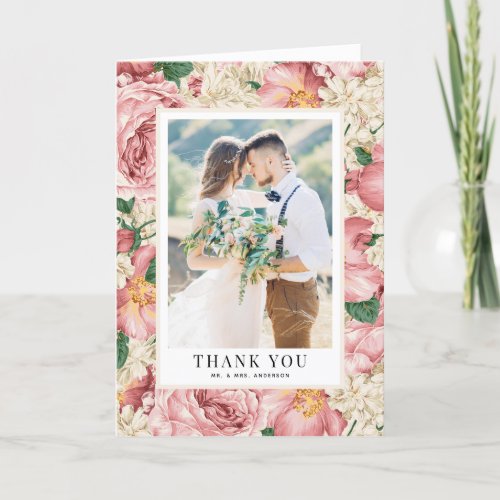 Vintage Blush and Ivory Flowers Wedding Photo Thank You Card