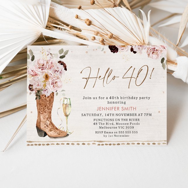 Vintage Blush Boho Floral Cowgirl 40th Birthday Invitation (Rustic Cowgirl 40th Birthday Invitation, Country Western 40th Birthday Invitation, Hello 40 Party)