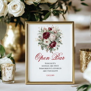 Vintage Blush Burgundy Floral Open Bar Sign