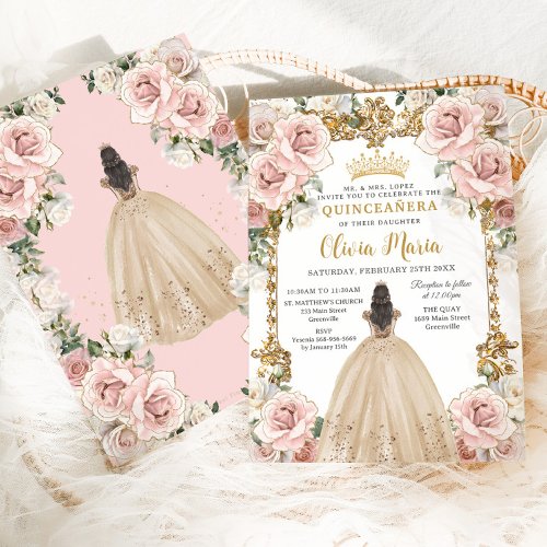 Vintage Blush Champagne Floral Dress Quinceanera Invitation
