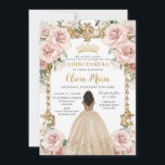 Vintage Blush Champagne Floral Dress Quinceanera Invitation<br><div class="desc">Personalize this pretty blush pink champagne floral Quinceañera / Sweet 16 birthday invitation easily and quickly. Simply click the customize it further button to edit the text, change fonts and fonts colors. Featuring a girl dressed in a beautiful champagne dress, chic blush pink flowers and an ornate vintage gold frame....</div>