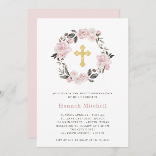 Vintage Blush Floral and Gold Cross  Confirmation Invitation