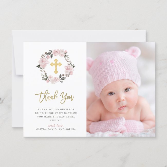 Vintage Blush Floral and Gold Cross Photo Baptism Thank You Card
