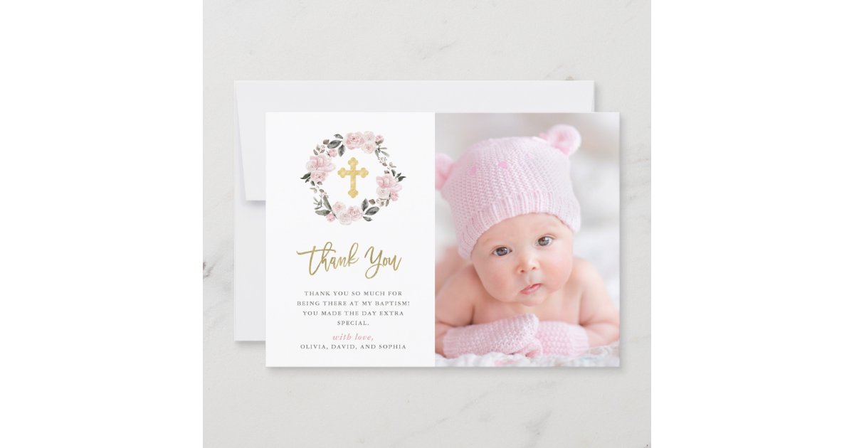 Vintage Blush Floral and Gold Cross Photo Baptism Thank You Card | Zazzle