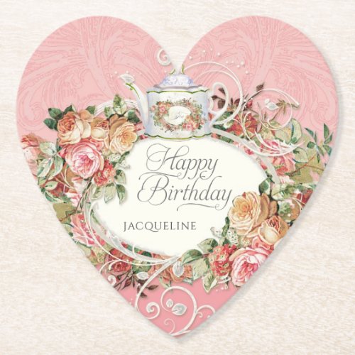 Vintage Blush Floral Bouquet Script Birthday Party Paper Coaster