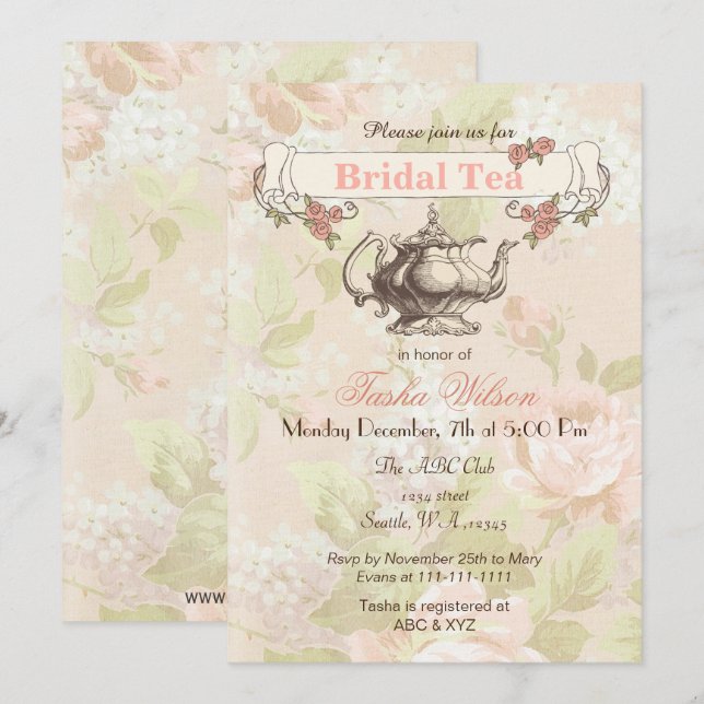 vintage Blush floral Bridal Tea Party Invites (Front/Back)