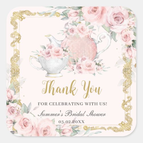 Vintage Blush Floral High Tea Party Bridal Shower  Square Sticker