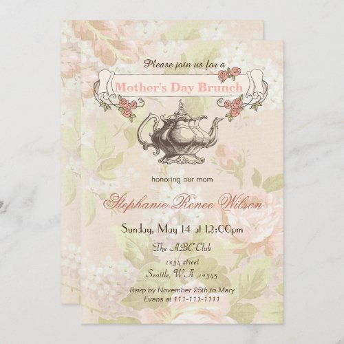 vintage Blush floral Mothers Day Brunch Tea Party Invitation