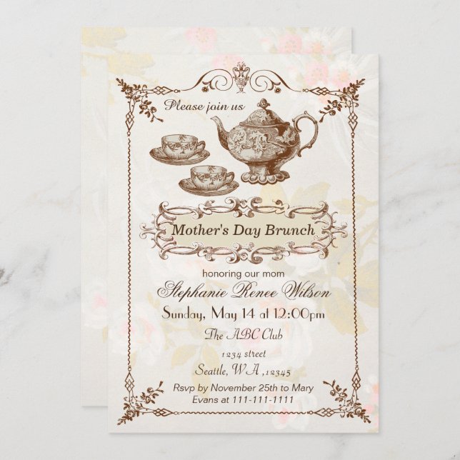 vintage Blush floral Mother's Day Brunch Tea Party Invitation (Front/Back)