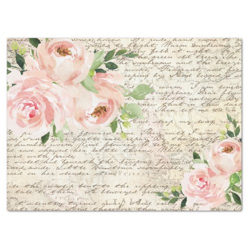 Vintage Blush Floral Roses Old Letter Decoupage Tissue Paper
