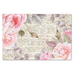 Vintage Blush Floral Roses Old Letter Decoupage Tissue Paper