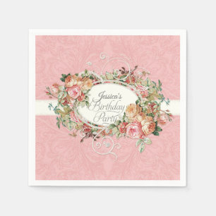 Vintage Blush Floral Roses w Script Birthday Party Napkins