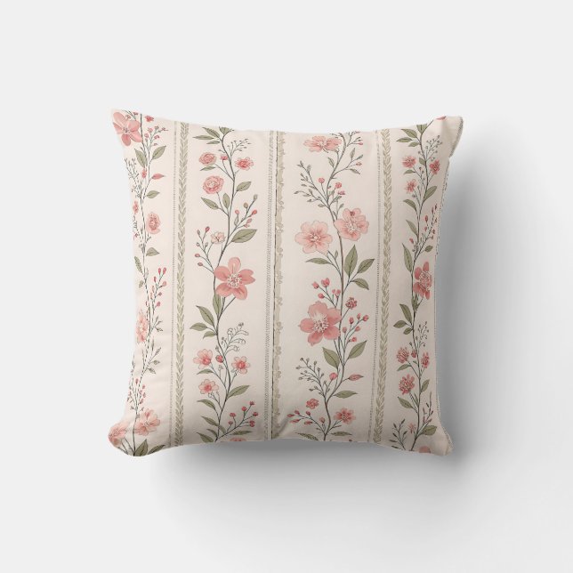 Vintage Blush Floral Stripe Throw Pillow – Cottage (Front)