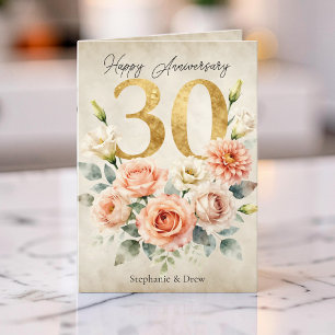Vintage Blush Floral Watercolor 30th Anniversary Card
