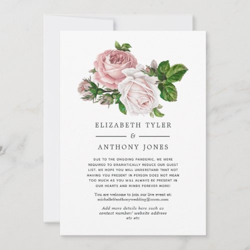 Vintage Blush Floral Wedding Reduced Guest List Announcement