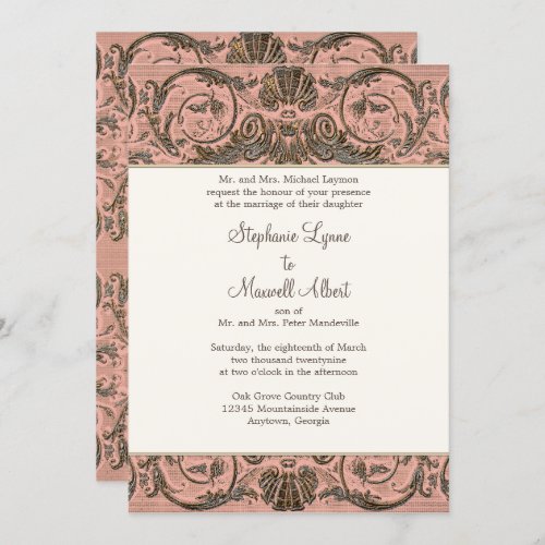 Vintage Blush Gold Baroque Scrollwork n Shell Invitation